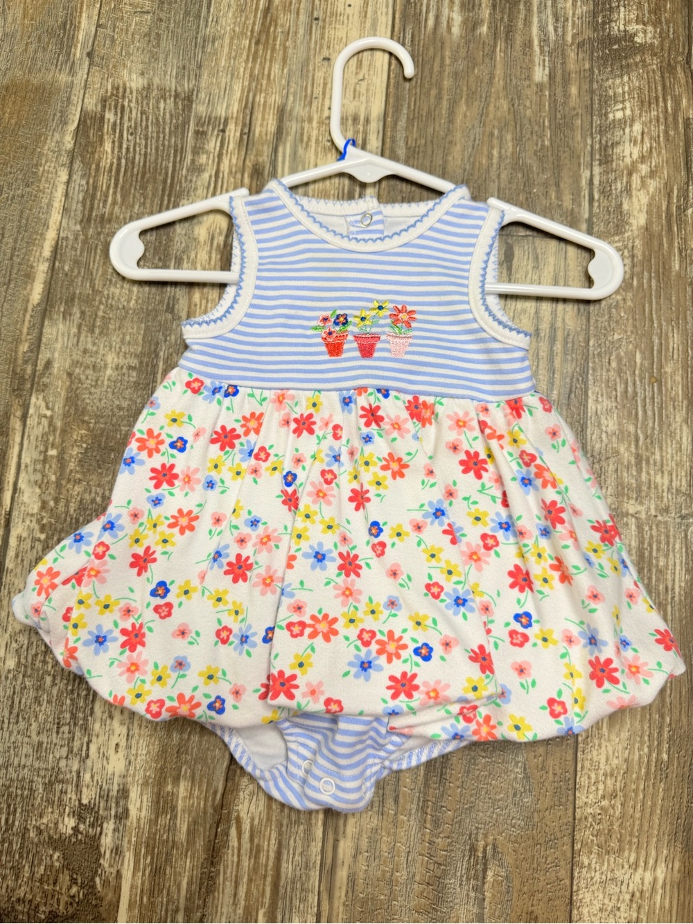 Little Me Blue & White Striped Baby Romper with Floral Accent
